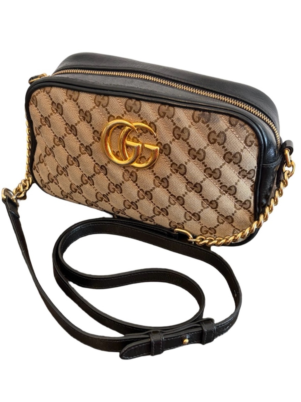 Gucci Marmont Quilted Small Shoulder Crossbody Camara Bag Canvas Black Leather